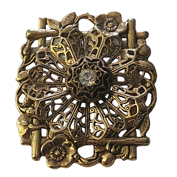Vtg Filigree Floral Flower Blossoms Gold Tone Rhinestone  Pin Brooch - Picture 1 of 3